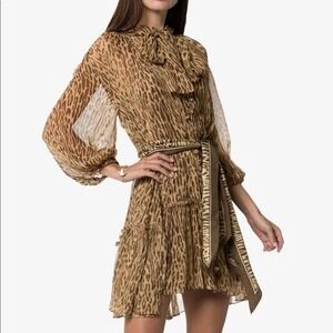 Zimmermann Espionage Bow Leopard Silk Georgette Mini Dress Size 1 Small